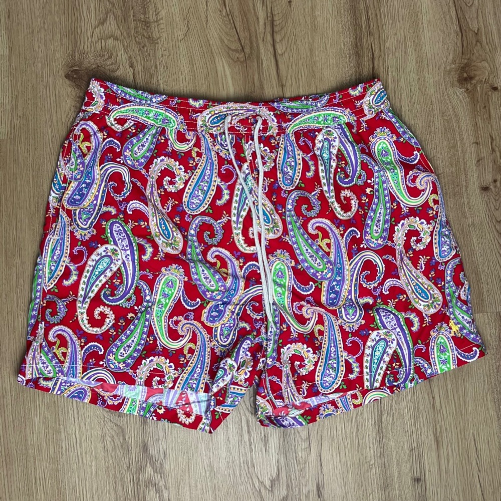 Polo Ralph‎ Lauren Men's Swim Trunks Red Paisley Hawaiin Print Elastic Waist XL